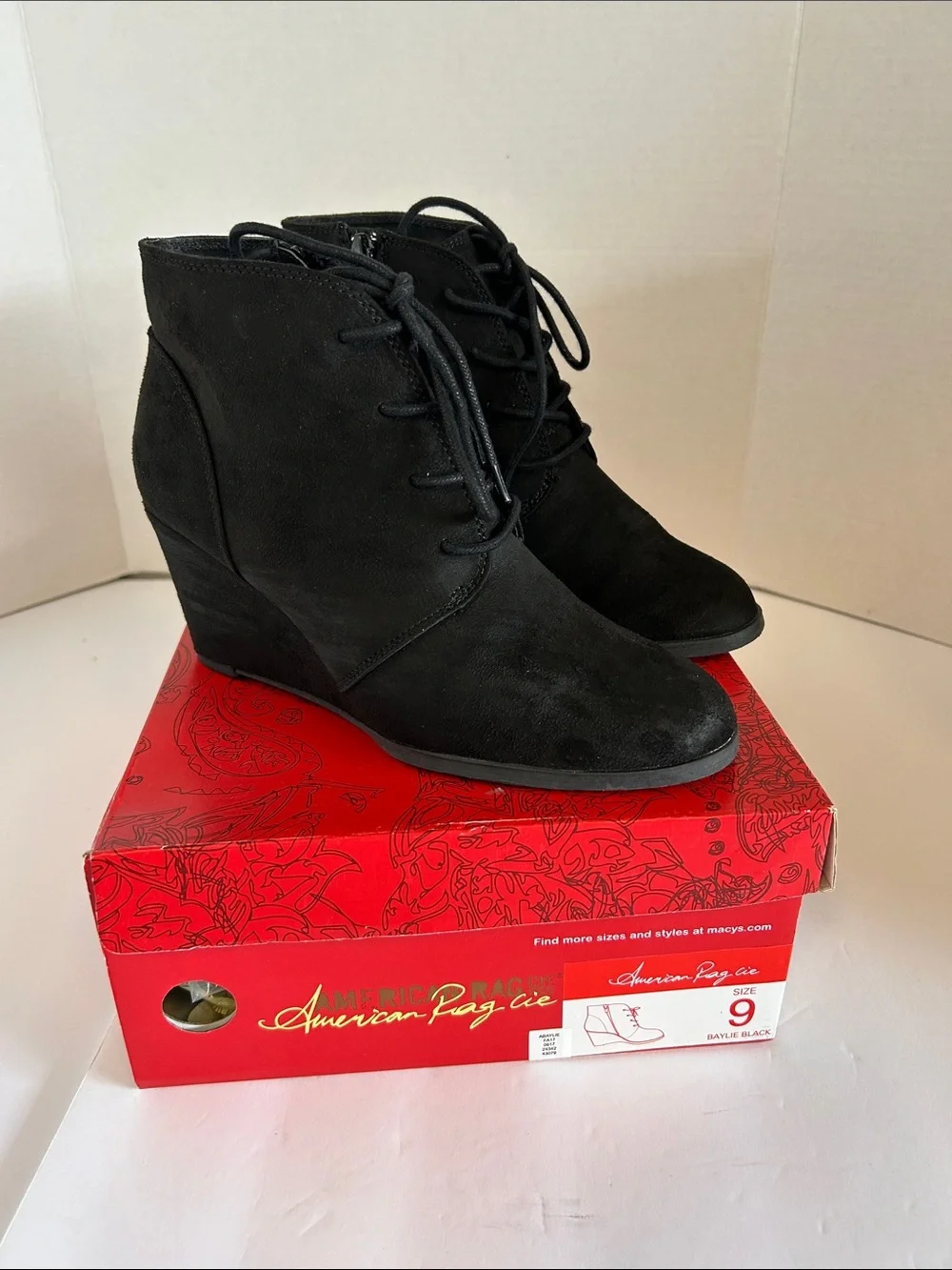 American Rag Black Lace-Up Wedge Ankle Boots ABAYLIE